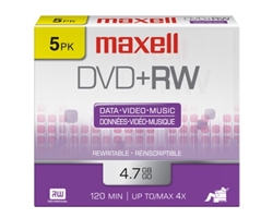 Maxell DVD+RW 4.7GB, 4x, Rewritable Recordable Disc in Jewel Case (Pack of 5)
